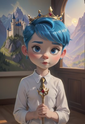 1girl,solo,looking at viewer,blush,short hair,bangs,blue eyes,shirt,long sleeves,holding,jewelry,closed mouth,blue hair,white shirt,upper body,earrings,small breasts,outdoors,necktie,sky,collared shirt,indoors,lips,eyelashes,window,dress shirt,swept bangs,own hands together,aged down,crown,brooch,child,mountain,sun,stud earrings,yellow necktie,castle,weapon,ahoge,shiny,see-through,sunlight,thick eyebrows,gem