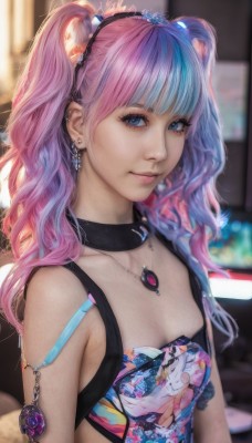 1girl,solo,long hair,breasts,looking at viewer,smile,bangs,blue eyes,hair ornament,cleavage,bare shoulders,twintails,jewelry,closed mouth,blue hair,collarbone,upper body,pink hair,multicolored hair,hairband,earrings,small breasts,sleeveless,choker,necklace,blurry,collar,two-tone hair,two side up,lips,eyelashes,blurry background,piercing,gem,ear piercing,pendant,pink lips,realistic,nose,medium breasts,underwear,purple hair,artist name,blunt bangs,bra,gradient hair,makeup,depth of field,black choker,badge,button badge