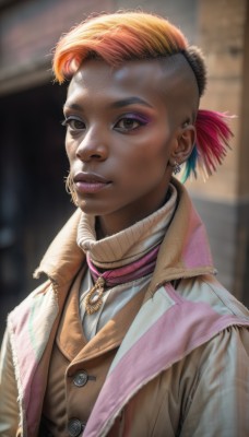 1girl,solo,looking at viewer,smile,short hair,blonde hair,brown eyes,jewelry,jacket,upper body,multicolored hair,earrings,parted lips,dark skin,necklace,orange hair,blurry,vest,two-tone hair,dark-skinned female,lips,eyelashes,makeup,blurry background,feathers,lipstick,eyeshadow,freckles,realistic,nose,eyeliner,very short hair,very dark skin,red hair,teeth,turtleneck,piercing,ear piercing,mascara