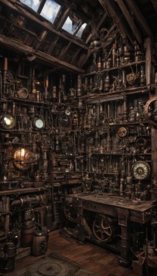 indoors,book,no humans,window,table,scenery,wooden floor,stairs,clock,bookshelf,shelf,gears,steampunk,loaded interior,sky,day,cloud,bottle,fantasy,lamp,candle,scroll,jar,roman numeral,candlestand,wooden wall,chandelier,globe