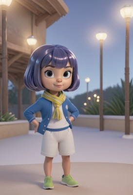 1girl,solo,looking at viewer,smile,short hair,bangs,shirt,black hair,long sleeves,brown eyes,closed mouth,standing,jacket,full body,white shirt,purple hair,outdoors,open clothes,sky,shoes,shorts,day,artist name,dark skin,blunt bangs,scarf,blurry,black eyes,open jacket,dark-skinned female,lips,neckerchief,night,blurry background,bob cut,blue shirt,blue jacket,sneakers,child,personification,hands on hips,white shorts,female child,road,lamppost,green footwear,street,yellow scarf,nose