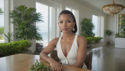 1girl,solo,long hair,breasts,looking at viewer,smile,brown hair,black hair,dress,cleavage,bare shoulders,brown eyes,jewelry,medium breasts,sitting,upper body,earrings,sleeveless,day,indoors,dark skin,white dress,dark-skinned female,lips,window,chair,table,plant,reflection,realistic,potted plant,short hair,shirt,collarbone,hair bun,nail polish,mole,fingernails,no bra,makeup,lipstick,nose,very dark skin,pov across table