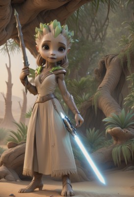 1girl,solo,breasts,looking at viewer,dress,holding,cleavage,brown eyes,jewelry,standing,full body,weapon,outdoors,sword,artist name,holding weapon,white dress,armor,tree,leaf,holding sword,plant,monster girl,child,nature,forest,fantasy,bracer,glowing weapon,energy sword,lightsaber,long hair,smile,open mouth,blonde hair,teeth,pointy ears,high heels,mushroom,dirty,alien,dirty feet