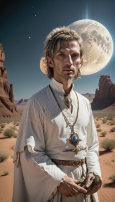 1girl,solo,looking at viewer,short hair,blue eyes,brown hair,long sleeves,1boy,dress,jewelry,standing,male focus,cowboy shot,outdoors,sky,belt,necklace,white dress,night,facial hair,moon,own hands together,feathers,gem,star (sky),night sky,beard,full moon,pendant,starry sky,robe,realistic,brown belt,old,white robe,desert,blonde hair,holding,closed mouth,ring,brooch,tunic,holding jewelry