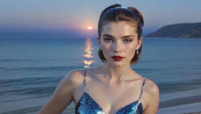 1girl,solo,breasts,looking at viewer,short hair,blue eyes,brown hair,black hair,dress,cleavage,bare shoulders,jewelry,medium breasts,closed mouth,collarbone,swimsuit,upper body,bikini,hairband,earrings,outdoors,sky,water,mole,blurry,lips,makeup,night,depth of field,blurry background,blue dress,ocean,beach,lipstick,blue bikini,freckles,realistic,red lips,blue hairband,hair pulled back,hair bun