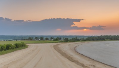 outdoors,sky,cloud,water,tree,no humans,ocean,beach,cloudy sky,grass,nature,scenery,sunset,mountain,sand,sun,horizon,road,bush,landscape,shore,orange sky,path,hill,forest