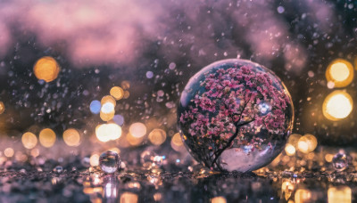 1girl, solo, outdoors, japanese clothes, blurry, tree, night, depth of field, cherry blossoms, scenery, reflection, lantern, bokeh, paper lantern