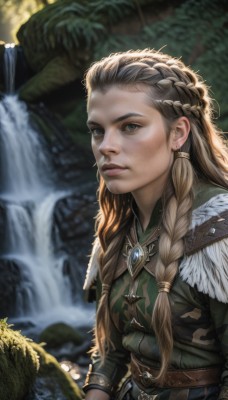 1girl,solo,long hair,blue eyes,blonde hair,brown hair,long sleeves,jewelry,closed mouth,upper body,weapon,braid,earrings,outdoors,belt,water,blurry,twin braids,tree,lips,looking to the side,grey eyes,depth of field,blurry background,feathers,hair over shoulder,freckles,realistic,nose,fantasy,green shirt,brown belt,waterfall,multiple braids,looking at viewer,forehead