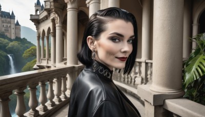 1girl,solo,looking at viewer,smile,short hair,black hair,dress,jewelry,closed mouth,upper body,earrings,outdoors,day,water,black eyes,black dress,from side,lips,grey eyes,makeup,plant,lipstick,building,scenery,forehead,realistic,railing,red lips,waterfall,statue,sky,portrait,architecture,pillar,castle