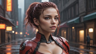 1girl,breasts,looking at viewer,short hair,brown hair,1boy,cleavage,brown eyes,medium breasts,closed mouth,collarbone,upper body,ponytail,outdoors,solo focus,mole,blurry,lips,wet,mole under eye,bodysuit,makeup,depth of field,blurry background,cleavage cutout,building,portrait,forehead,science fiction,rain,city,realistic,cyberpunk,solo,parted lips,grey eyes,night,facial mark,freckles,nose,road