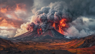 outdoors, sky, cloud, no humans, cloudy sky, fire, scenery, mountain, molten rock