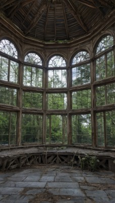 outdoors,day,indoors,tree,no humans,window,sunlight,plant,nature,scenery,forest,light rays,ruins,pillar,overgrown,leaf,fantasy,glass,broken glass,broken window