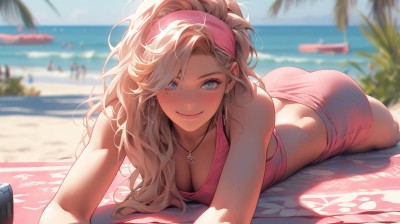 1girl,solo,long hair,breasts,looking at viewer,blush,smile,bangs,blue eyes,blonde hair,large breasts,cleavage,bare shoulders,jewelry,medium breasts,closed mouth,collarbone,swimsuit,ponytail,ass,bikini,sweat,hairband,earrings,outdoors,lying,sky,shorts,solo focus,day,midriff,water,necklace,mole,blurry,tree,blue sky,lips,mole under eye,depth of field,blurry background,ocean,umbrella,beach,on stomach,towel,hoop earrings,sand,palm tree,pink bikini,shade,beach umbrella,pink hairband,beach towel,wavy hair,messy hair,sports bra,pink shorts