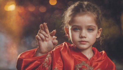 1girl,solo,looking at viewer,short hair,blonde hair,long sleeves,closed mouth,upper body,pointy ears,hand up,hood,blurry,lips,grey eyes,depth of field,blurry background,hood down,child,portrait,robe,realistic,nose,female child,bokeh,brown hair,jewelry,chinese clothes