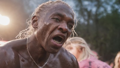 1girl,long hair,open mouth,blonde hair,1boy,jewelry,green eyes,upper body,white hair,outdoors,multiple boys,teeth,solo focus,dark skin,necklace,blurry,depth of field,blurry background,parody,realistic,shirt,male focus,portrait,meme,dirty,scene reference