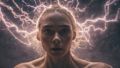 solo, looking at viewer, short hair, 1boy, closed mouth, upper body, male focus, lips, portrait, freckles, realistic, electricity, lightning