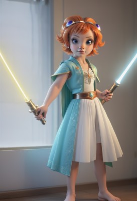 1girl,solo,looking at viewer,short hair,blue eyes,brown hair,hair ornament,dress,holding,brown eyes,jewelry,standing,full body,weapon,barefoot,belt,sword,indoors,cape,holding weapon,white dress,orange hair,lips,toes,holding sword,curtains,child,dual wielding,wooden floor,female child,energy sword,lightsaber,red hair,hairband,earrings,freckles,curly hair,realistic