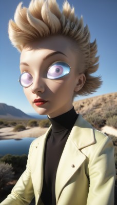 1girl,solo,looking at viewer,short hair,blonde hair,shirt,long sleeves,jewelry,closed mouth,purple eyes,jacket,upper body,earrings,outdoors,sky,glasses,day,pink eyes,blurry,blue sky,lips,black shirt,makeup,blurry background,turtleneck,lipstick,spiked hair,mountain,red lips,stud earrings,1boy,male focus,artist name,realistic,nose,mohawk