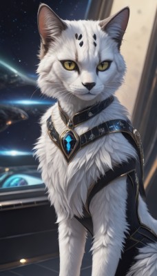 solo,looking at viewer,smile,jewelry,yellow eyes,upper body,artist name,indoors,signature,grin,blurry,collar,no humans,animal,cat,slit pupils,gem,star (sky),colored sclera,space,animal focus,white fur,planet,yellow sclera,whiskers,closed mouth,sky,cat ears,animal ear fluff,blurry background,starry sky,fur collar,realistic