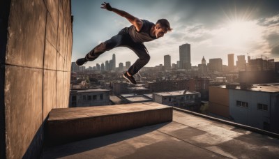 solo,black hair,1boy,male focus,outdoors,sky,shoes,sleeveless,pants,cloud,sunlight,tank top,building,scenery,jumping,city,realistic,sun,cityscape,rooftop,shirt,t-shirt,sneakers