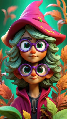 1girl,solo,looking at viewer,smile,short hair,shirt,hat,closed mouth,green eyes,jacket,upper body,parted lips,green hair,open clothes,glasses,hood,blurry,black shirt,witch hat,leaf,plant,green background,curly hair,round eyewear,witch,purple headwear,purple-framed eyewear,bangs,artist name,lips,coat,watermark,red headwear,zipper,nose,flipped hair