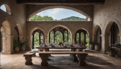 outdoors,sky,day,cloud,tree,blue sky,no humans,window,table,sunlight,plant,building,scenery,stairs,potted plant,bush,architecture,pillar,statue,arch,column,fountain,indoors,candle,candlestand