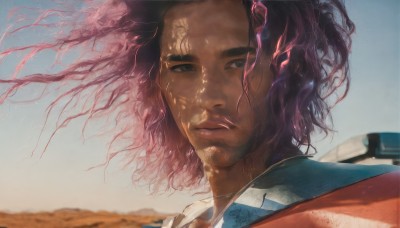 1girl,solo,looking at viewer,short hair,1boy,brown eyes,closed mouth,upper body,pink hair,purple hair,male focus,outdoors,sky,day,dark skin,medium hair,blurry,dark-skinned female,blue sky,lips,looking to the side,floating hair,expressionless,dark-skinned male,wind,messy hair,portrait,science fiction,curly hair,realistic,nose,black hair,black eyes,grey eyes,blurry background,facial hair,wavy hair,scar,ground vehicle,motor vehicle,car,desert