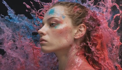 1girl,solo,long hair,blue eyes,blonde hair,brown hair,1boy,male focus,parted lips,from side,lips,profile,makeup,looking up,black background,portrait,realistic,nose,paint splatter,paint,splatter,short hair,jewelry,closed mouth,earrings,blood,looking away,abstract