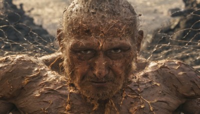 solo,looking at viewer,smile,short hair,1boy,closed mouth,upper body,male focus,blurry,grey eyes,blurry background,facial hair,portrait,beard,realistic,manly,old,old man,damaged,debris,broken glass,white hair,scar,scar on face,close-up,mature male,scar across eye,wrinkled skin