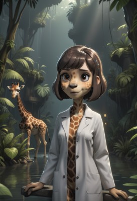 1girl,solo,breasts,looking at viewer,smile,short hair,bangs,brown hair,hair ornament,long sleeves,brown eyes,closed mouth,standing,small breasts,outdoors,open clothes,hairclip,water,tree,coat,animal,leaf,sunlight,bob cut,thick eyebrows,plant,nature,furry,wading,forest,freckles,light rays,furry female,labcoat,white coat,sunbeam,naked coat,collarbone,lips,dirty,dirty face,dirty clothes