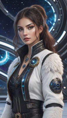 1girl,solo,long hair,breasts,looking at viewer,brown hair,long sleeves,cleavage,brown eyes,jewelry,medium breasts,jacket,upper body,ponytail,earrings,parted lips,open clothes,belt,necklace,open jacket,lips,coat,fur trim,black shirt,makeup,white jacket,freckles,realistic,nose,white coat,red lips,star (sky),pendant,science fiction