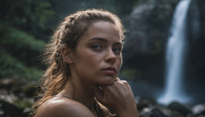 1girl, solo, long hair, looking at viewer, blonde hair, jewelry, closed mouth, water, necklace, blurry, lips, depth of field, blurry background, messy hair, portrait, freckles, realistic, nose, waterfall