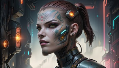 1girl,solo,looking at viewer,short hair,brown hair,hair ornament,brown eyes,jewelry,yellow eyes,ponytail,earrings,parted lips,teeth,lips,tattoo,makeup,glowing,headgear,facial mark,portrait,freckles,science fiction,short ponytail,realistic,nose,stud earrings,eyeliner,cable,cyborg,hair pulled back,neon trim,cyberpunk,mechanical parts,green eyes,weapon,from side,gun,eyelashes,lipstick,close-up,eyeshadow,mascara,earpiece,hologram