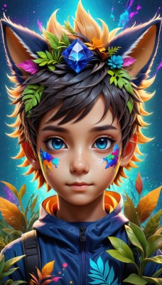 1girl,solo,looking at viewer,short hair,bangs,blue eyes,brown hair,black hair,hair ornament,1boy,animal ears,closed mouth,jacket,upper body,flower,male focus,sky,artist name,hair flower,star (symbol),lips,fox ears,eyelashes,glowing,leaf,watermark,facial mark,plant,blue jacket,gem,portrait,star (sky),web address,androgynous,zipper,starry sky,freckles,blue flower,crystal,nose,facepaint,head wreath,vines,thick eyebrows,backpack,messy hair,dog ears,backlighting,bandaid on face,raccoon ears,paint