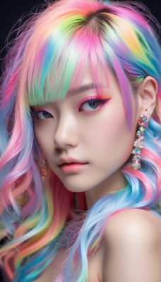 1girl,solo,long hair,looking at viewer,bangs,simple background,bare shoulders,jewelry,closed mouth,blue hair,upper body,pink hair,multicolored hair,earrings,black eyes,lips,streaked hair,eyelashes,aqua hair,gradient hair,makeup,lipstick,black background,portrait,eyeshadow,realistic,nose,eyeliner,colorful,mascara,rainbow hair,green hair,artist name,blunt bangs,watermark,gem,web address