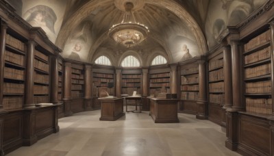 1girl,long hair,multiple girls,blonde hair,dress,indoors,book,window,chair,sunlight,scenery,reflection,robe,light rays,stairs,bookshelf,pillar,book stack,statue,library,ceiling,arch,reflective floor,chandelier,voile,no humans,table,desk,candle,candlestand