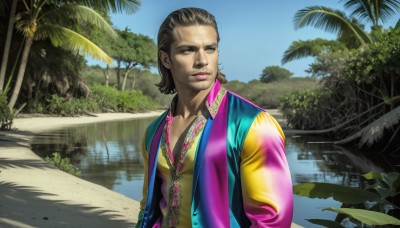 HQ,1girl,solo,breasts,looking at viewer,short hair,brown hair,shirt,black hair,1boy,cleavage,brown eyes,closed mouth,jacket,upper body,male focus,outdoors,open clothes,sky,day,dark skin,water,vest,open jacket,tree,blue sky,lips,beach,plant,reflection,yellow shirt,realistic,nose,palm tree,facial hair,nature