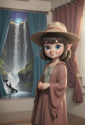 1girl,solo,looking at viewer,smile,short hair,blue eyes,skirt,brown hair,shirt,hat,jewelry,closed mouth,standing,jacket,pointy ears,belt,indoors,water,necklace,window,own hands together,curtains,fish,brown headwear,waterfall,blush,bangs,long sleeves,dress,wide sleeves,lips,moon,robe