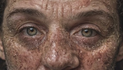 solo,looking at viewer,brown hair,black hair,1boy,brown eyes,closed mouth,green eyes,male focus,thick eyebrows,portrait,close-up,reflection,realistic,eye focus,yellow eyes,facial hair,freckles,old