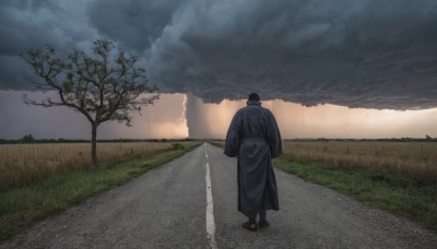 solo,short hair,black hair,long sleeves,1boy,standing,male focus,outdoors,japanese clothes,sky,cloud,kimono,from behind,tree,sandals,single hair bun,cloudy sky,grass,scenery,walking,facing away,road,black kimono,wide shot,signature,bare tree,lightning,path