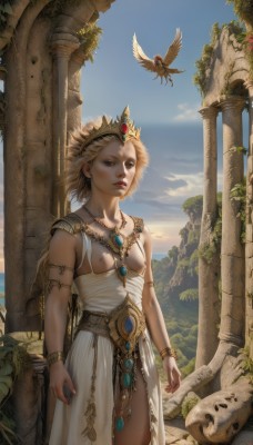 1girl,solo,breasts,short hair,blonde hair,dress,brown eyes,jewelry,closed mouth,nipples,standing,earrings,small breasts,outdoors,sky,pussy,day,cloud,necklace,white dress,armor,flat chest,bracelet,lips,no bra,no panties,bird,animal,tiara,breasts out,crown,plant,gem,armlet,flying,realistic,nose,fantasy,arms at sides,ruins,pillar,breastless clothes,column,looking at viewer,blue eyes,hairband,parted lips,blue sky,piercing,statue,greek clothes