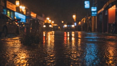 outdoors,sky,water,blurry,no humans,night,depth of field,blurry background,ground vehicle,building,night sky,scenery,motor vehicle,reflection,rain,water drop,city,sign,car,light,road,lamppost,street,bokeh,puddle,city lights,lights,reflective water,dark