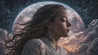 1girl,solo,long hair,blue eyes,brown hair,black hair,jewelry,closed mouth,upper body,earrings,outdoors,sky,cloud,from side,lips,profile,night,looking away,moon,cloudy sky,portrait,star (sky),night sky,full moon,starry sky,realistic,nose,floating hair,wavy hair,wind,snow,looking afar