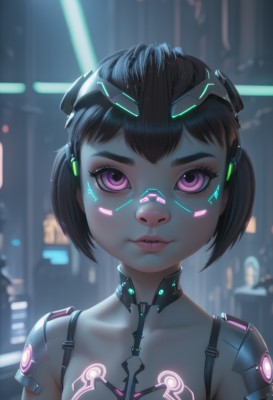 1girl,solo,looking at viewer,short hair,bangs,brown hair,black hair,closed mouth,purple eyes,collarbone,upper body,artist name,pink eyes,blurry,lips,eyelashes,makeup,depth of field,blurry background,glowing,headgear,watermark,portrait,bandaid,freckles,science fiction,nose,android,bandaid on face,cyborg,bandaid on nose,neon trim,cyberpunk,neon lights,breasts,small breasts,bodysuit,expressionless,bob cut,thick eyebrows,eyeshadow,backlighting