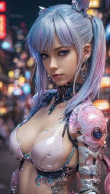 1girl,solo,long hair,breasts,looking at viewer,bangs,blue eyes,hair ornament,navel,cleavage,twintails,jewelry,medium breasts,closed mouth,blue hair,swimsuit,upper body,pink hair,bikini,earrings,parted lips,blurry,lips,grey eyes,tattoo,depth of field,blurry background,white bikini,piercing,science fiction,realistic,android,mechanical arms,cyborg,cyberpunk,mechanical parts,animal ears,grey hair,sidelocks,artist name,signature,bra,armor,eyelashes,makeup,night,fake animal ears,shoulder armor,nose,bokeh,robot joints