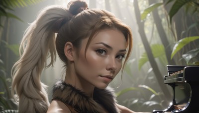 1girl,solo,long hair,looking at viewer,brown hair,brown eyes,closed mouth,ponytail,weapon,outdoors,blurry,tree,lips,fur trim,eyelashes,blurry background,high ponytail,plant,portrait,nature,forest,fur collar,realistic,nose,day,artist name,depth of field,leaf,sunlight,instrument,close-up,backlighting,freckles