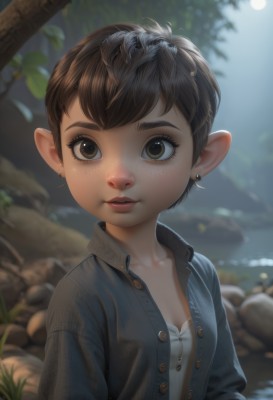 1girl,solo,breasts,looking at viewer,short hair,bangs,brown hair,shirt,cleavage,brown eyes,jewelry,collarbone,jacket,white shirt,upper body,earrings,small breasts,outdoors,parted lips,open clothes,pointy ears,water,blurry,tree,lips,night,buttons,depth of field,blurry background,moon,nature,freckles,unbuttoned,stud earrings,denim jacket,black hair,artist name,eyelashes,leaf,thick eyebrows,elf,full moon,rock,nose,very short hair