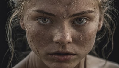 1girl,solo,long hair,looking at viewer,blonde hair,simple background,brown eyes,closed mouth,blurry,lips,wet,eyelashes,black background,portrait,close-up,realistic,wet hair,straight-on,dirty,1boy,male focus,sweat,messy hair,freckles,serious,dirty face