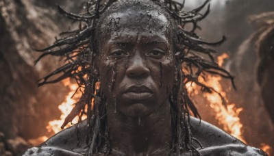 solo,long hair,looking at viewer,black hair,1boy,closed mouth,male focus,parted lips,solo focus,dark skin,blurry,black eyes,wet,blurry background,dark-skinned male,fire,portrait,realistic,wet hair,facial hair,dreadlocks