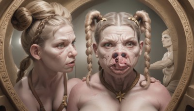 1girl,long hair,breasts,looking at viewer,blue eyes,multiple girls,blonde hair,hair ornament,1boy,2girls,cleavage,bare shoulders,twintails,jewelry,collarbone,upper body,braid,earrings,parted lips,teeth,necklace,hair bun,twin braids,lips,grey eyes,double bun,muscular,siblings,scar,reflection,mirror,realistic,nose,statue,what,different reflection,wrinkled skin,smile,brown eyes,nude,star (symbol),grin,blood,mask,facial mark,piercing,clenched teeth,portrait,veins,lipstick mark